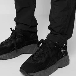 Man Tracksuit Bottoms Crinkled Nylon Cargo Pants - Black