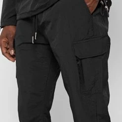 Man Tracksuit Bottoms Crinkled Nylon Cargo Pants - Black