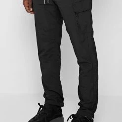Man Tracksuit Bottoms Crinkled Nylon Cargo Pants - Black
