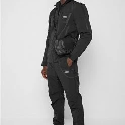 Man Tracksuit Tops Crinkled Nylon Taped Track Jacket - Black TRACKSUITS