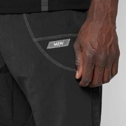 Man Tracksuit Bottoms Crinkled Nylon Taped Track Pants - Black