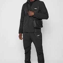 Man Tracksuit Bottoms Crinkled Nylon Taped Track Pants - Black