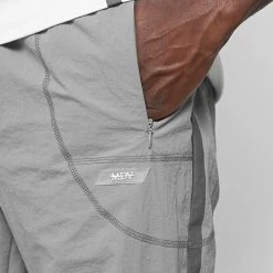Man Tracksuit Bottoms Crinkled Nylon Taped Track Pants - Ice Grey