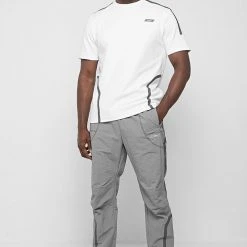 Man Tracksuit Bottoms Crinkled Nylon Taped Track Pants - Ice Grey