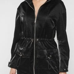 Woman Dresses Croc Effect Cargo Jacket Dress - Black