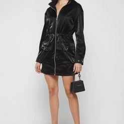 Woman Dresses Croc Effect Cargo Jacket Dress - Black