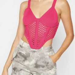 Woman Tops Crochet Knit Corset Top - Pink