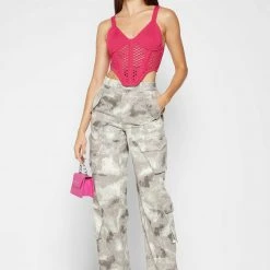 Woman Tops Crochet Knit Corset Top - Pink