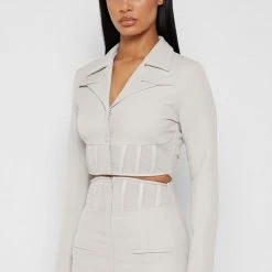 Woman Jackets CO-ORDS Cropped Corset Waist Blazer - Stone