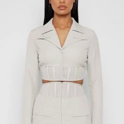 Woman Jackets CO-ORDS Cropped Corset Waist Blazer - Stone