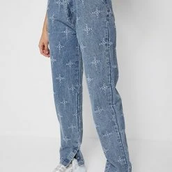 Woman Denim Cross Stitch Mom Jeans - Mid Blue