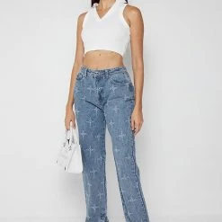 Woman Denim Cross Stitch Mom Jeans - Mid Blue