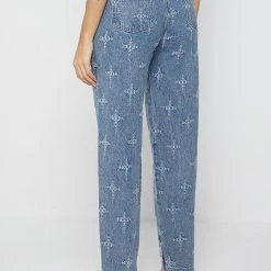 Woman Denim Cross Stitch Mom Jeans - Mid Blue