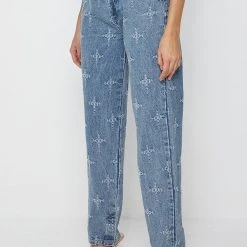 Woman Denim Cross Stitch Mom Jeans - Mid Blue