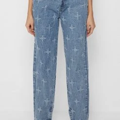 Woman Denim Cross Stitch Mom Jeans - Mid Blue