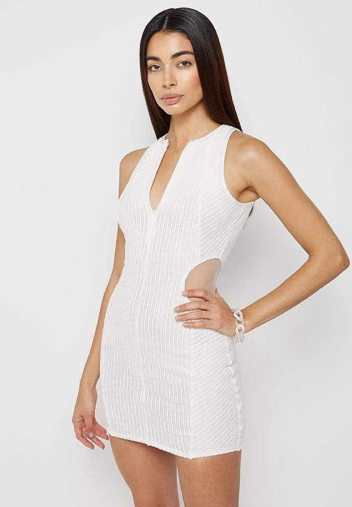 Woman Dresses Mesh Cut Out Ribbed Velour Dress - Off White