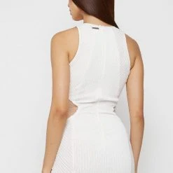 Woman Dresses Mesh Cut Out Ribbed Velour Dress - Off White
