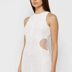 Woman Dresses Mesh Cut Out Ribbed Velour Dress - Off White