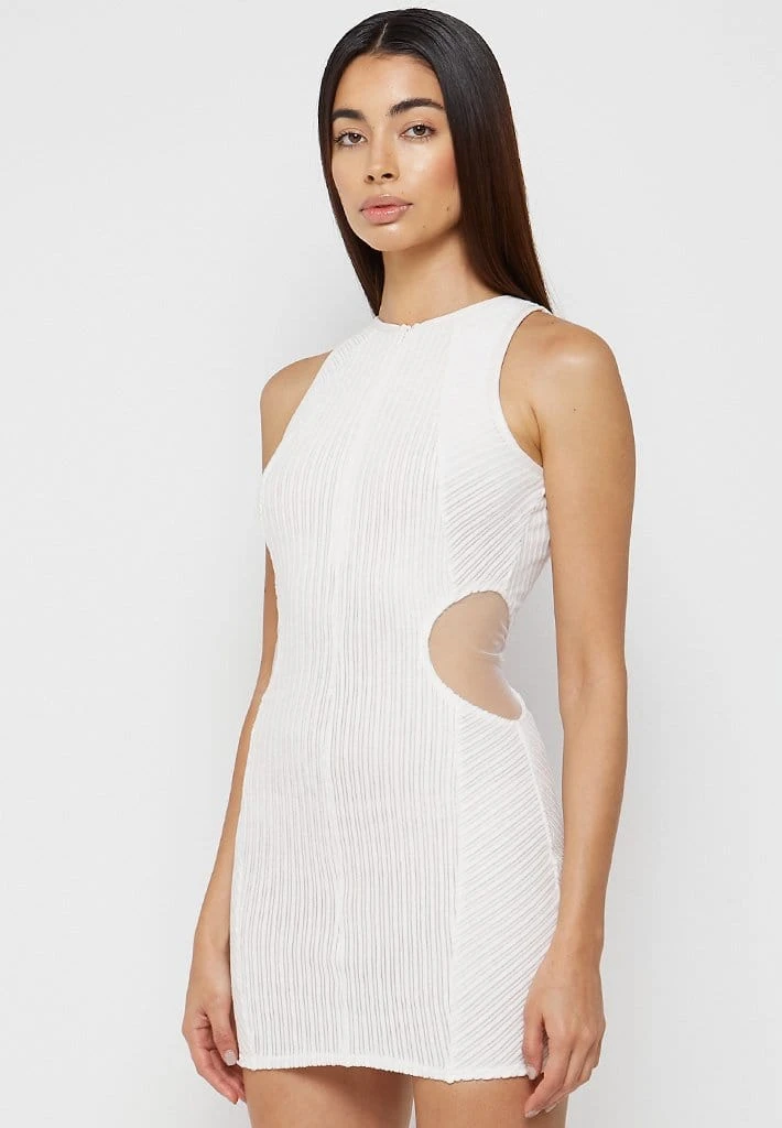 Woman Dresses Mesh Cut Out Ribbed Velour Dress - Off White