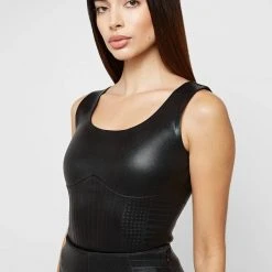 Woman Tops Debossed Racerneck Bodysuit - Black BODYSUITS