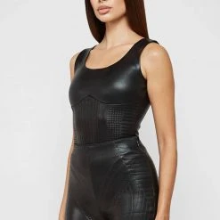Woman Tops Debossed Racerneck Bodysuit - Black BODYSUITS