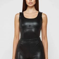 Woman Tops Debossed Racerneck Bodysuit - Black BODYSUITS