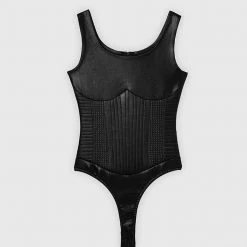 Woman Tops Debossed Racerneck Bodysuit - Black BODYSUITS