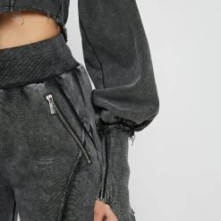 Woman Tracksuits Deep V Distressed Hoodie - Washed Black