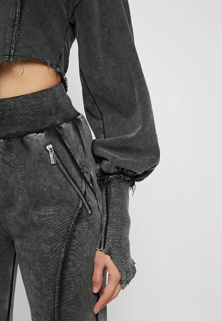 Woman Tracksuits Deep V Distressed Hoodie - Washed Black