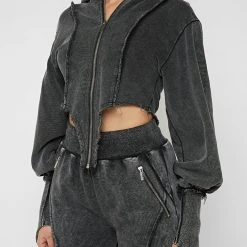 Woman Tracksuits Deep V Distressed Hoodie - Washed Black
