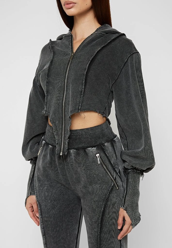 Woman Tracksuits Deep V Distressed Hoodie - Washed Black
