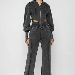 Woman Tracksuits Deep V Distressed Hoodie - Washed Black