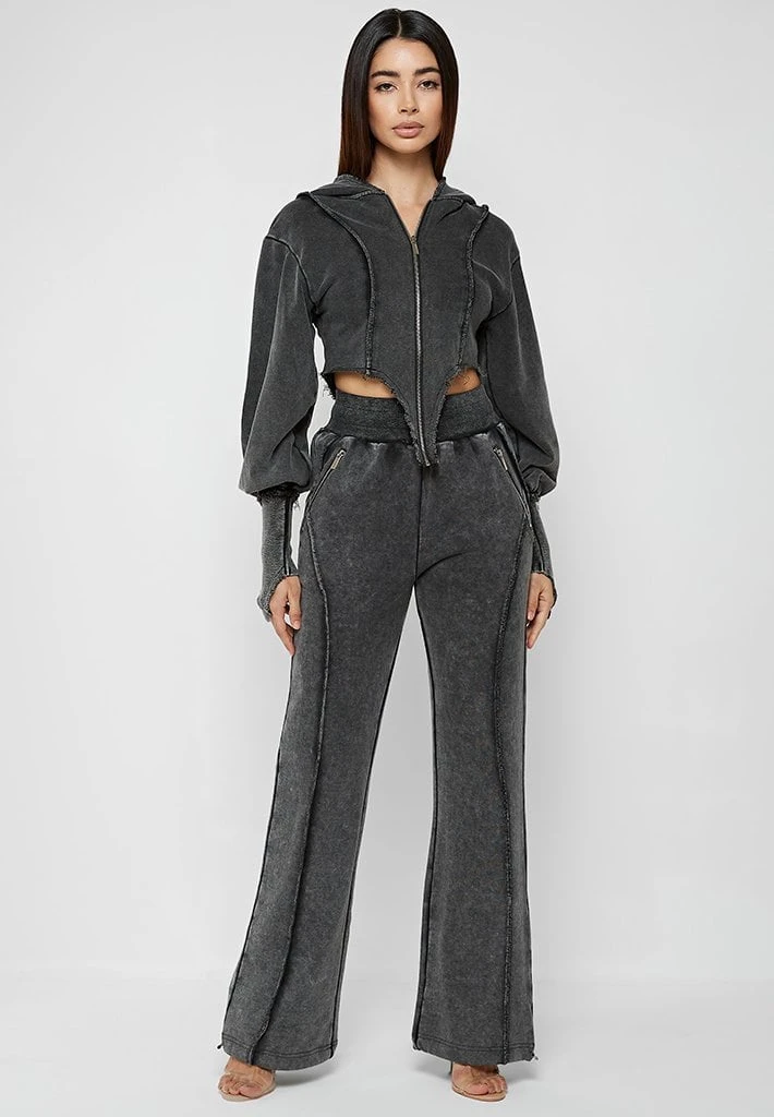 Woman Tracksuits Deep V Distressed Hoodie - Washed Black