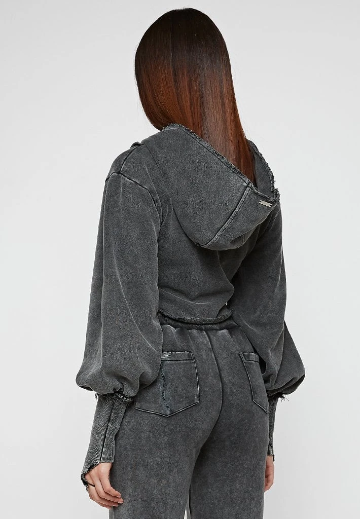 Woman Tracksuits Deep V Distressed Hoodie - Washed Black