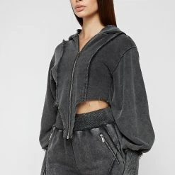 Woman Tracksuits Deep V Distressed Hoodie - Washed Black