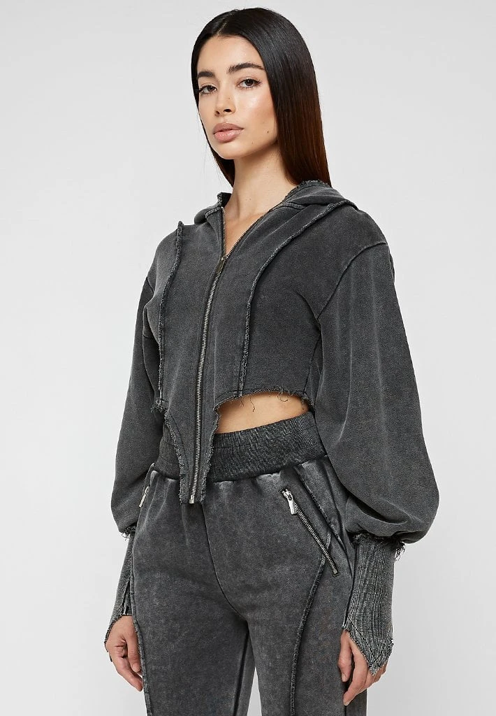 Woman Tracksuits Deep V Distressed Hoodie - Washed Black