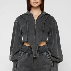 Woman Tracksuits Deep V Distressed Hoodie - Washed Black