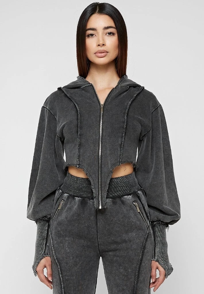 Woman Tracksuits Deep V Distressed Hoodie - Washed Black