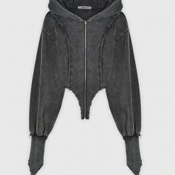 Woman Tracksuits Deep V Distressed Hoodie - Washed Black