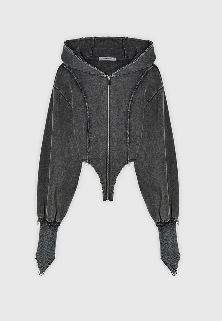 Woman Tracksuits Deep V Distressed Hoodie - Washed Black