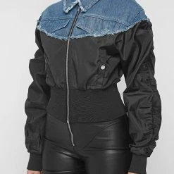 Woman Jackets Denim Bomber Jacket - Mid Blue/Black
