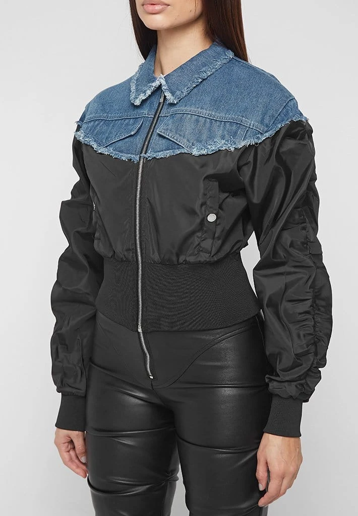 Woman Jackets Denim Bomber Jacket - Mid Blue/Black