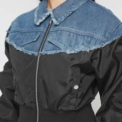 Woman Jackets Denim Bomber Jacket - Mid Blue/Black