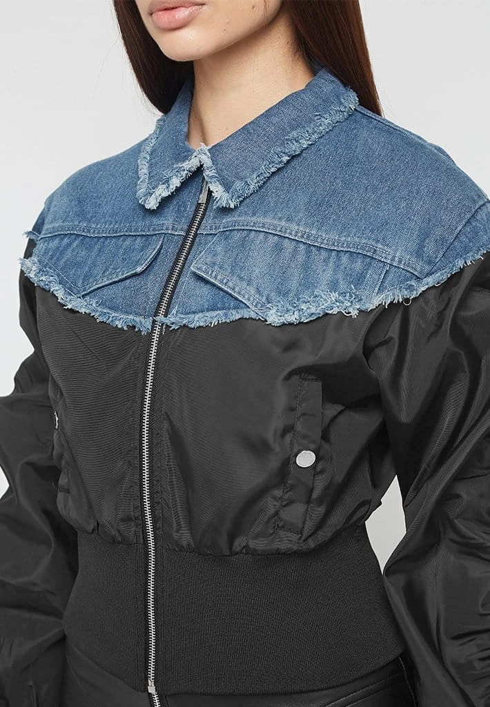 Woman Jackets Denim Bomber Jacket - Mid Blue/Black