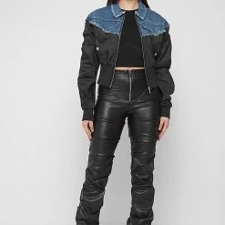 Woman Jackets Denim Bomber Jacket - Mid Blue/Black