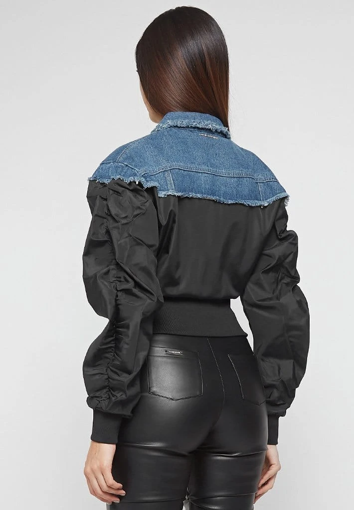 Woman Jackets Denim Bomber Jacket - Mid Blue/Black