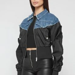 Woman Jackets Denim Bomber Jacket - Mid Blue/Black