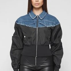 Woman Jackets Denim Bomber Jacket - Mid Blue/Black