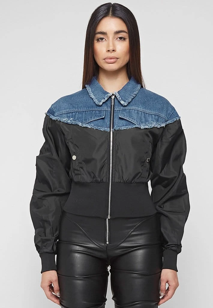 Woman Jackets Denim Bomber Jacket - Mid Blue/Black