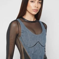Woman Tops Denim Corset Mesh Bodysuit - Black/Mid Blue